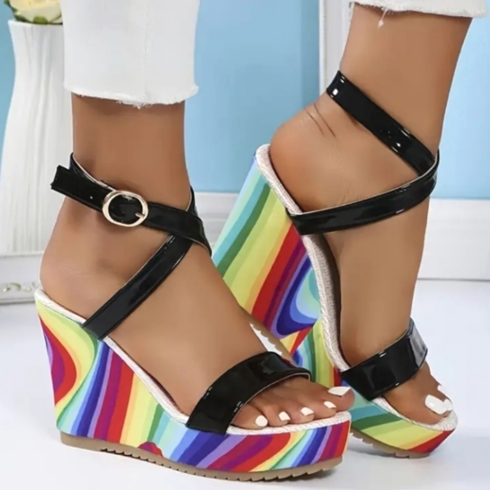 Black and Rainbow Wedge Shoes with Bold Platform Sz 9.5